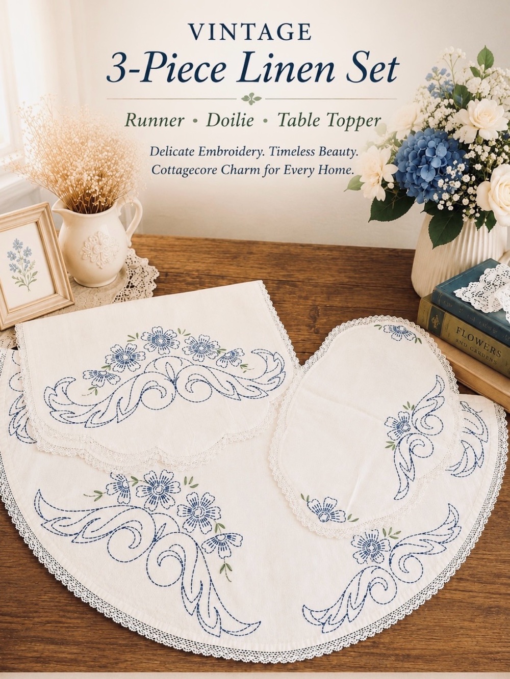 3 Piece Vintage Embroidered Table Linen Set. Runner | Doily | Table Topper.